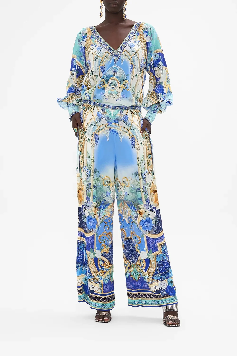 

Women V-Neck Beaded Printed Silk Blouse Or High Waist Wide Leg Pants