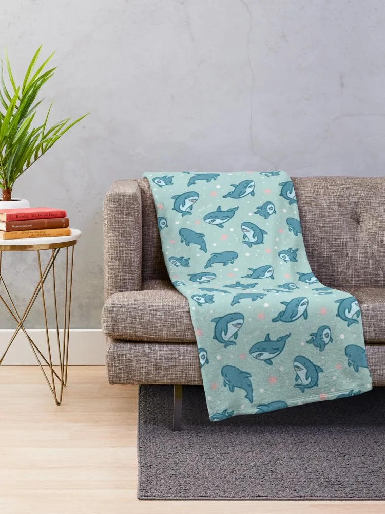 Brucie Blahaj shark under the sea pattern (Teal) Throw Blanket Decorative Sofas Hair Sofa Blankets