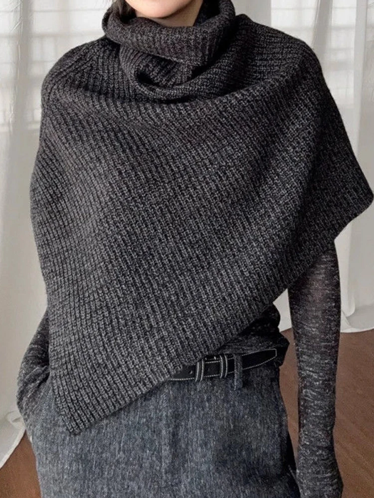 الرمادي الداكن الياقة المدورة محبوكة المرأة الشتوية الشعور الراقية مكدسة بأطراف مقسمة، السترة، غطاء الرقبة، شال، وشاح سميك.