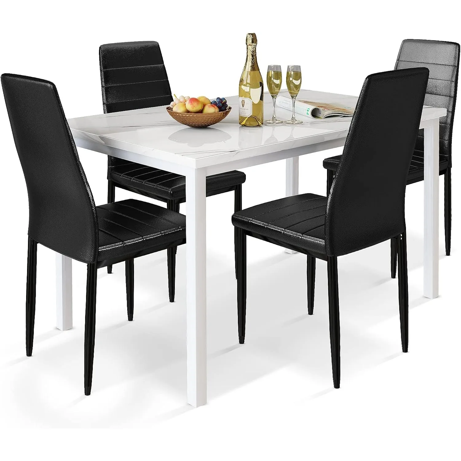 5 Pieces Dining Table Set for 4 with Faux Marble Top and Leather Upholstered Chairs, White+Black（47.8 x 29.9 x 30.1 inches）