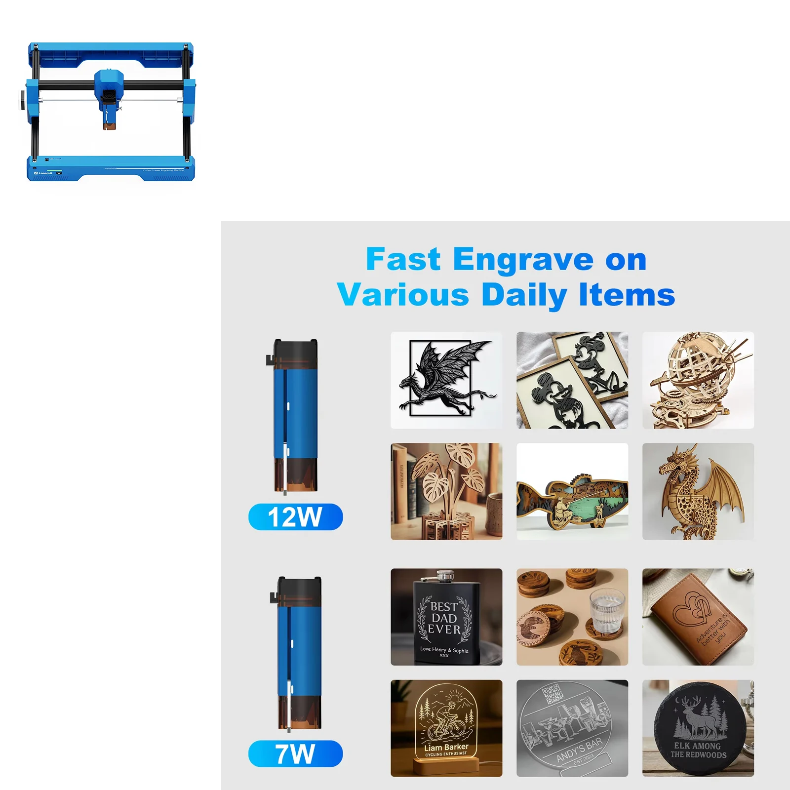 Laservii L1 Pro 7W 12W Desktop Laser Engraving Cutting Machine, 300×300mm Workspace,Software, Engrave Wood Metal Acrylic Leather
