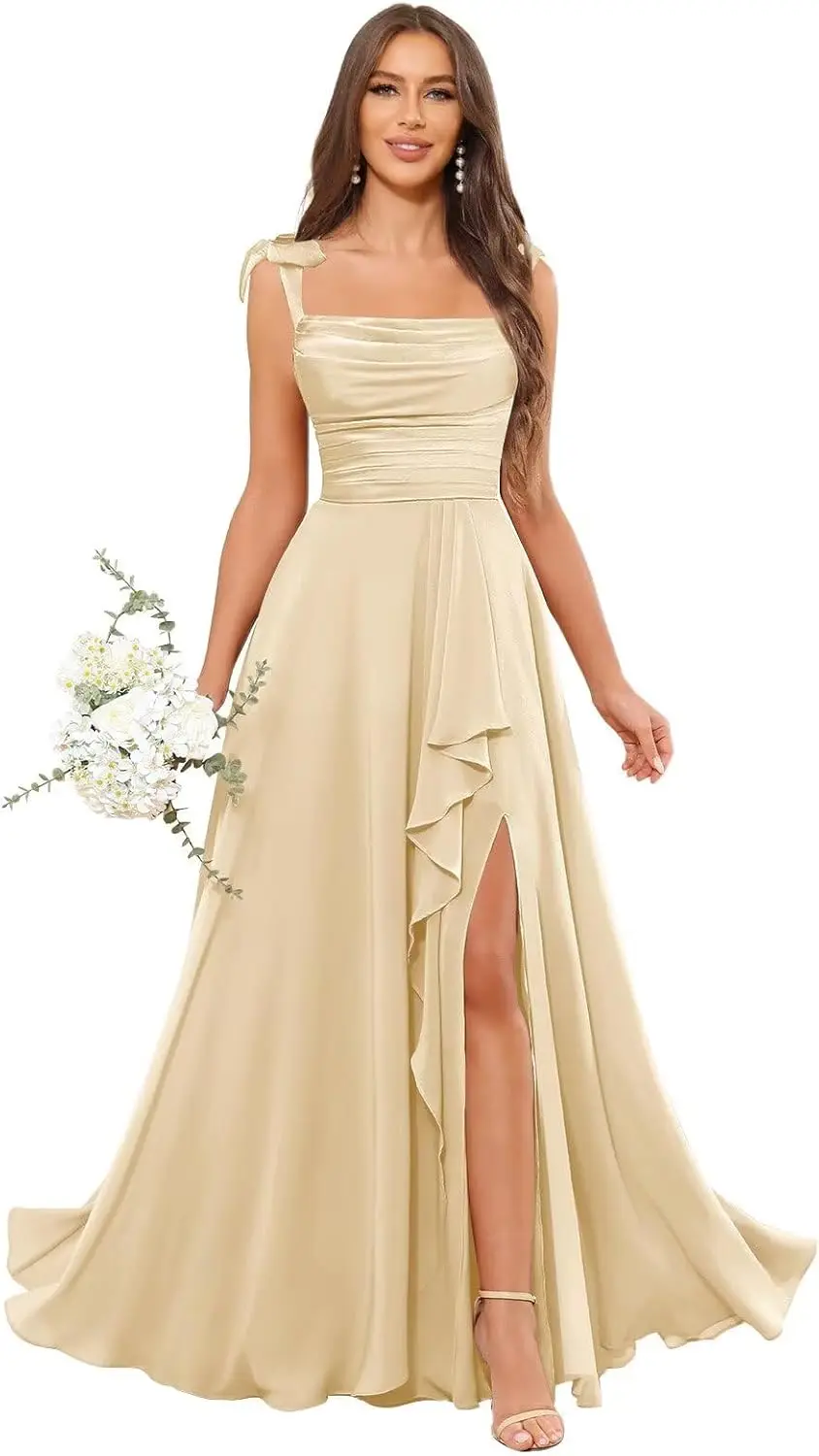 Vestido de dama de honor con borde de hoja de loto, tirantes finos para el hombro, gasa plisada, largo, Formal, para fiesta, banquete, elegante vestido de baile