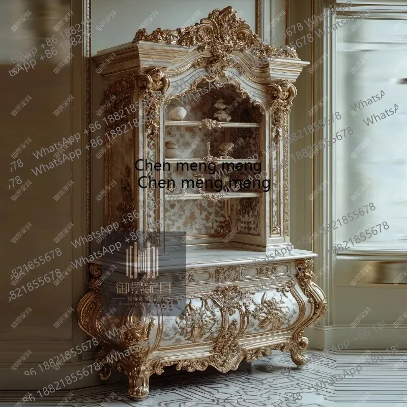 Solid wood European retro carved bookshelf living room display storage bookcase household wine cabinet