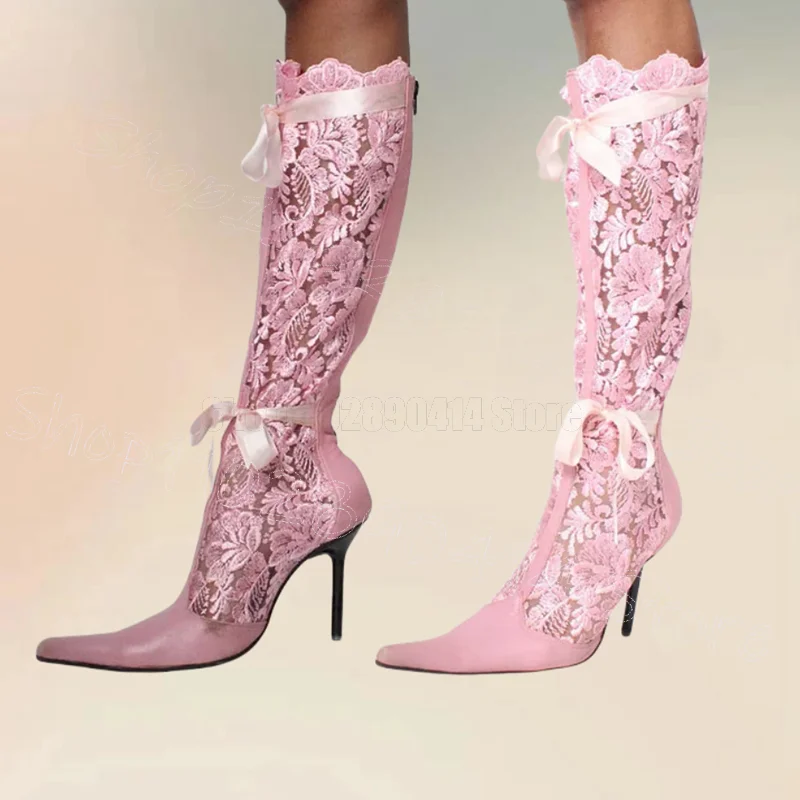 

Pink Lace Flower Patchwork Pointed Toe Boots Back Zipper Women Shoes Thin High Heels New Party Banquet 2025 Zapatos Para Mujere
