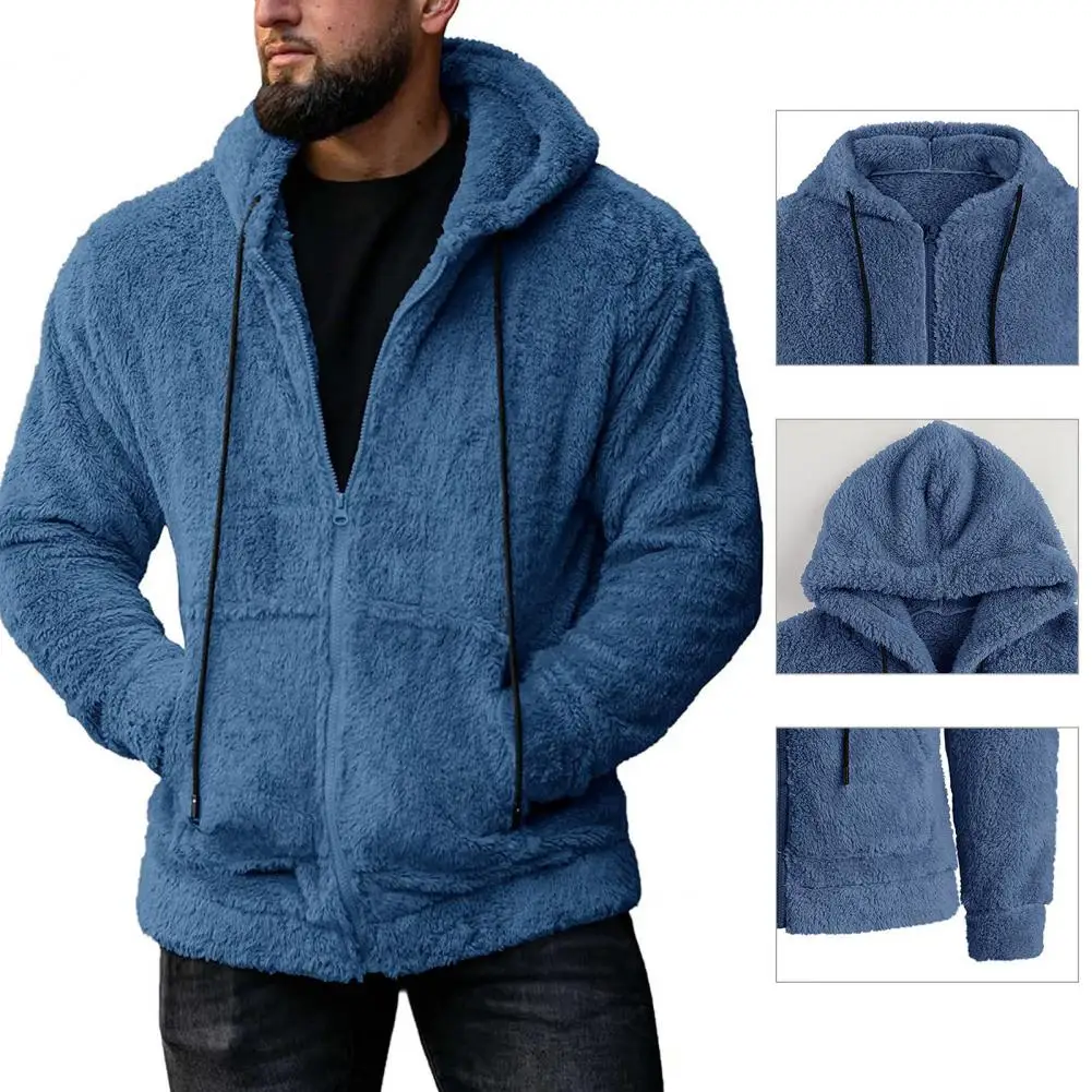 

Men Coat Thermal Long Sleeve Solid Color Hooded Plush Breathable Winter Plush Jacket Zipper Fly Cardigan for Daily Wear