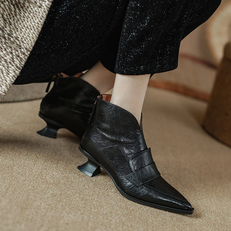 2023 Retro damskie botki oryginalne z wysokiej jakości skóry jesienno-zimowe Pointe noe buty na cienkich wysokich obcasach eleganckie biurowe