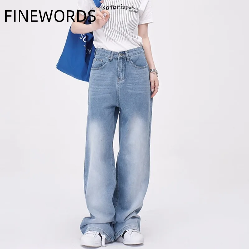 

FINEWORDS Vintage y2k Wide Leg Loose Jeans Women Korean Casual High Waist Jeans Blue Streetwear Full Length Harajuku Baggy Jeans