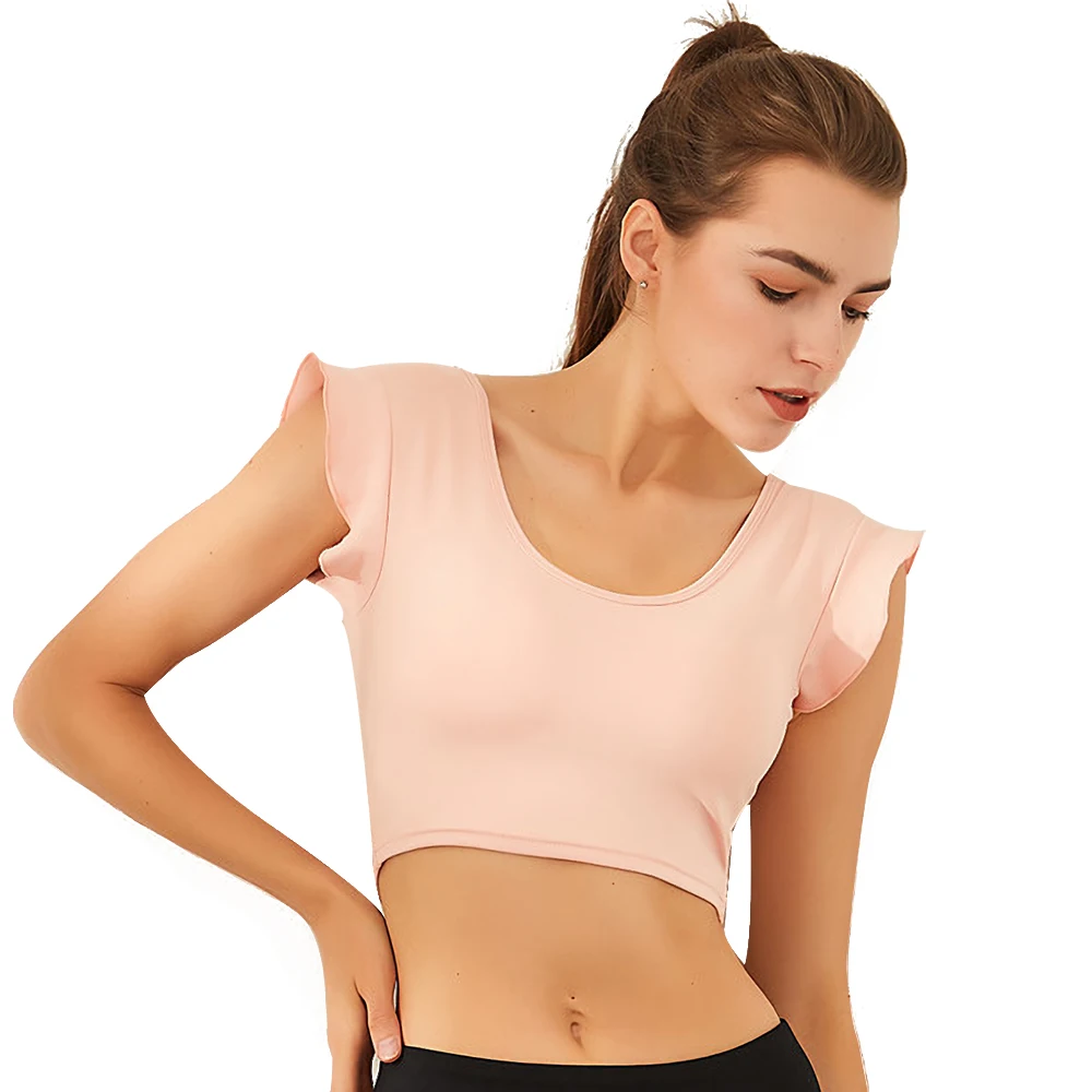 Sports Wear For Women Gym Crop Top Push Up Nylon Ruffle Wireless Yoga Underwear Workout Running Dance Short-Sleeve Fitness Bra