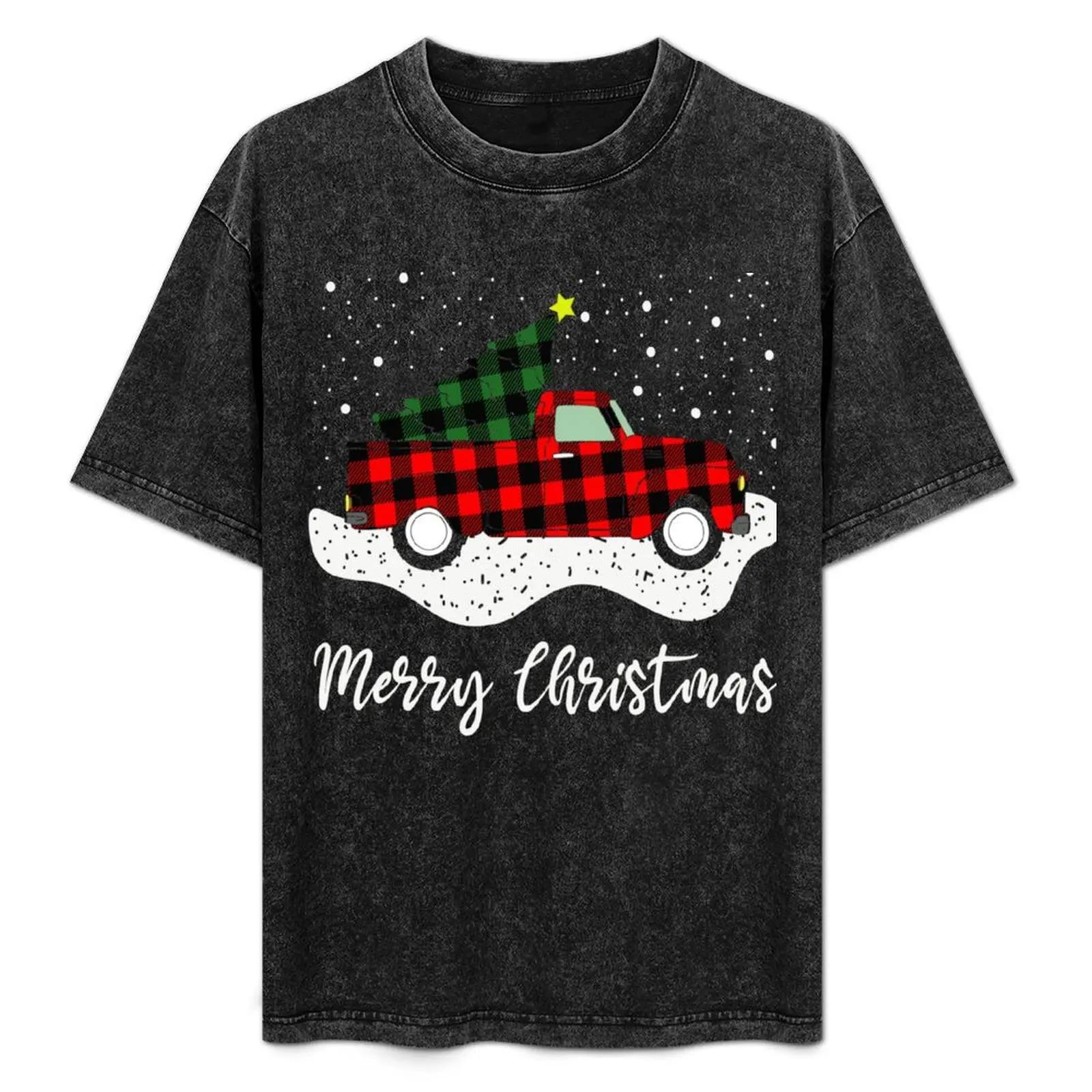 

Merry Christmas Buffalo Plaid Red Truck Tree for Men Women T-Shirt Basic Daily Outfit Short Sleeve Tee