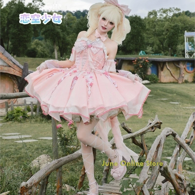 Anime Cosplay Costumes Infinity Nikki Pink Ribbon Waltz Sweet Lolita Sleeveless Rose Patch Lace Dress, Party view 3