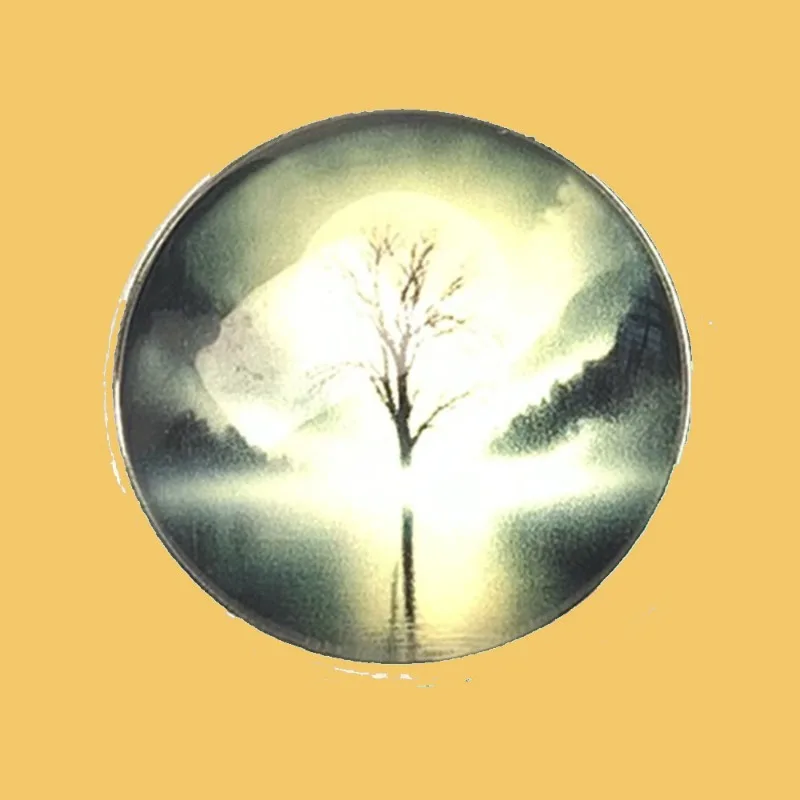 Glass Round Impressionist Brooch Misty Lone Tree Lake Reflection Alloy Badge Serene Fog Scenery Ornament Denim Coat Jewelry Gift
