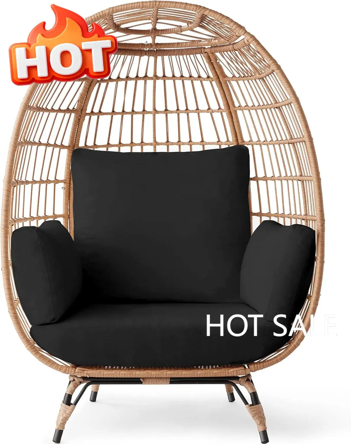 

Wicker Egg Chair, Oversized Indoor Outdoor Lounger for Patio, Backyard, Living Room w/ 4 Cushions, Steel Frame, 440lb Capacity -