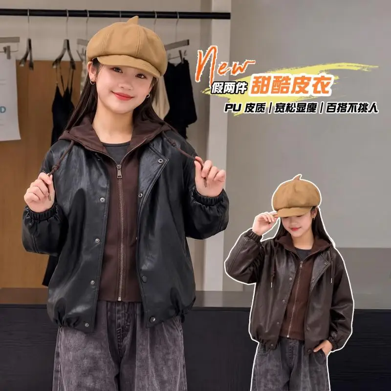 2026 Big Kids Boys Girls Spring Autumn New Korean Versatile Hooded Fake Two Piece Leather Jacket Coat Outerwear Teens Streetwear