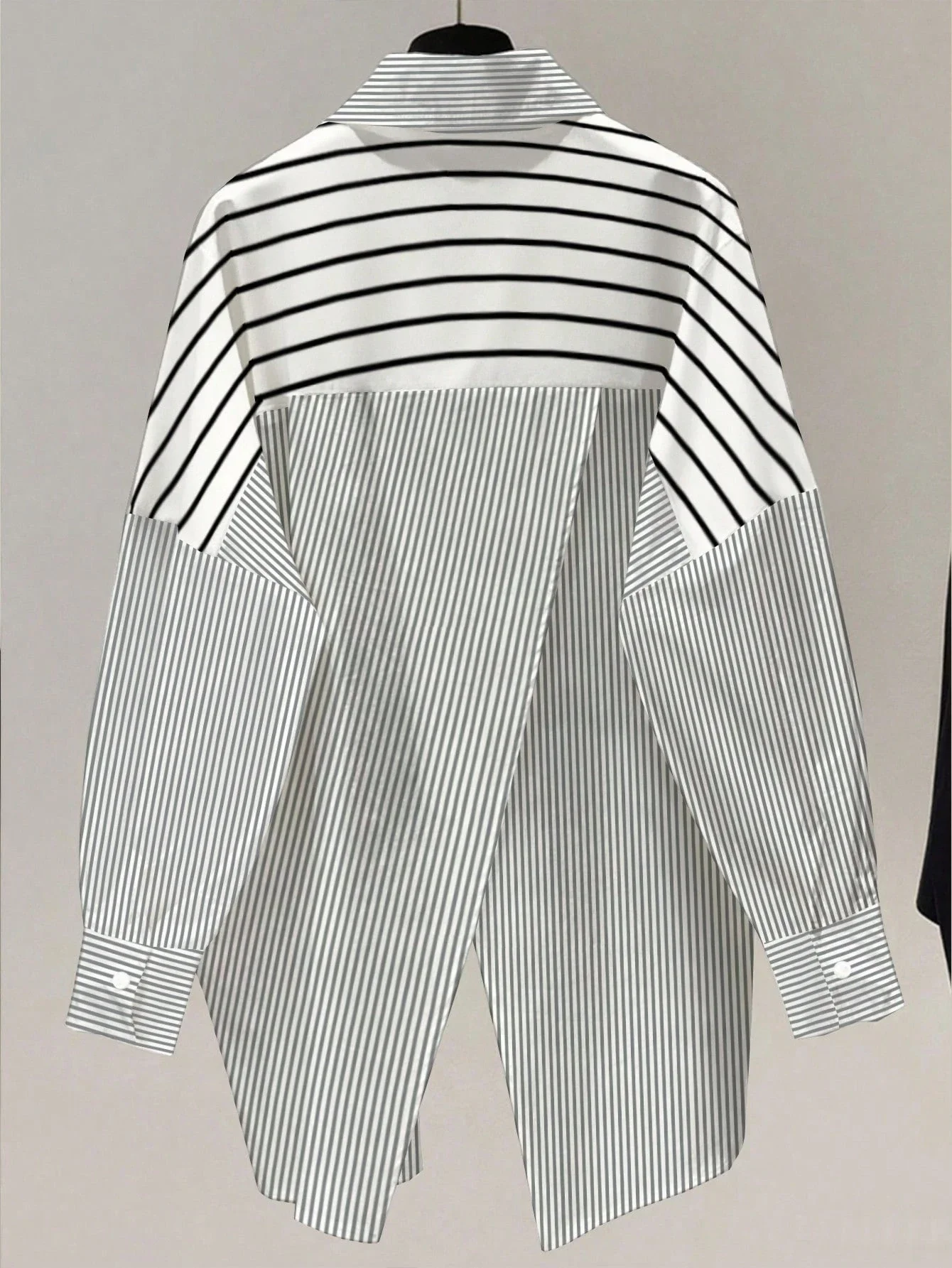

Loose Striped Contrast Color Drop Shoulder Long Sleeve Button Lapel Pocket Asymmetrical Shirt