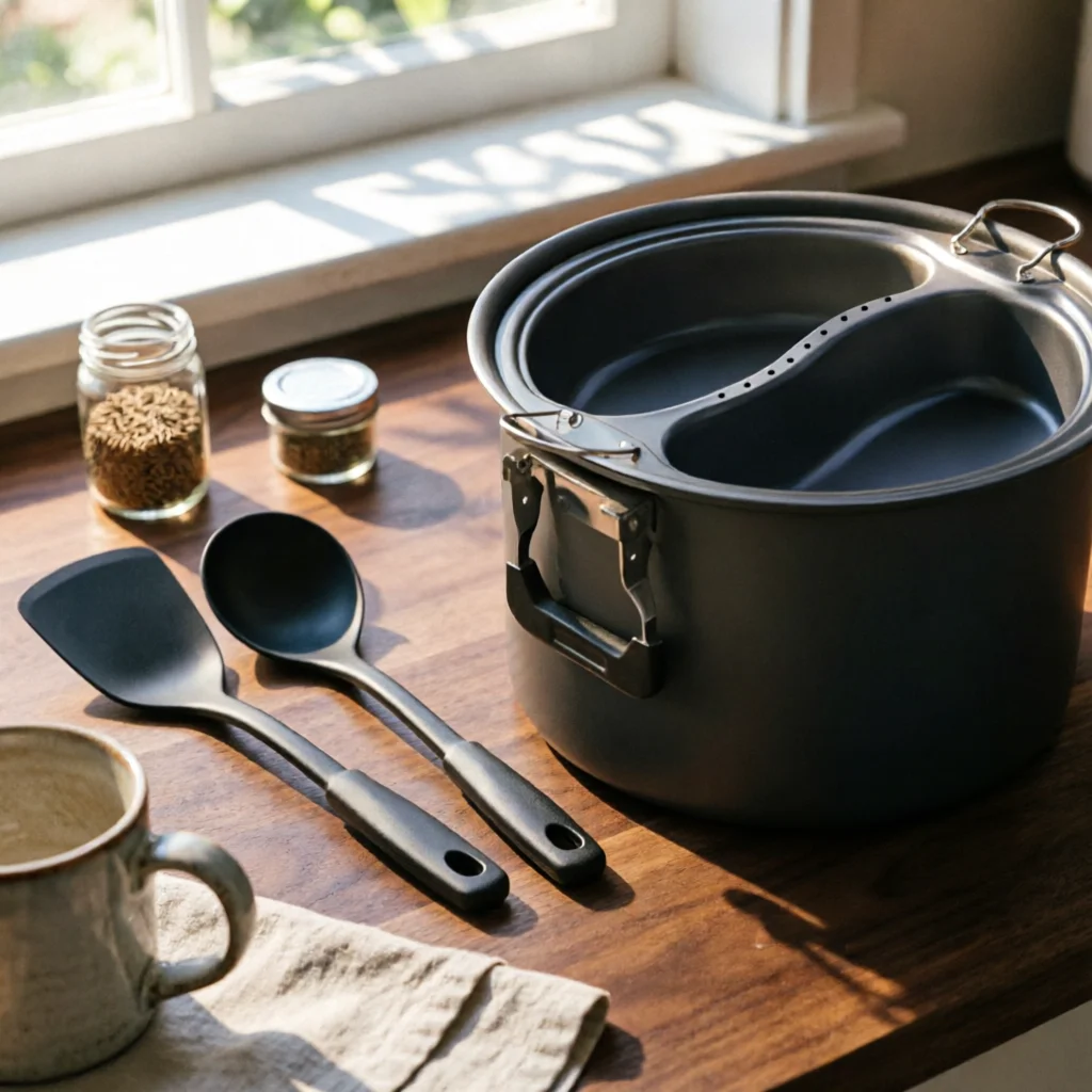 Two-partCompartment Steaming Pot Hard-Anodized Portable Cooking Pot Steam Cooker Foldable Handles Cookware 6.5 L Capacity