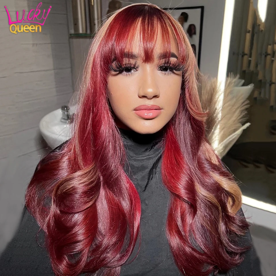 Blonde With Red Highlight Lace Front Wigs Human Hair With Bang Pre Plucked 13X4 13x6 Transparent Lace Front For Black Women