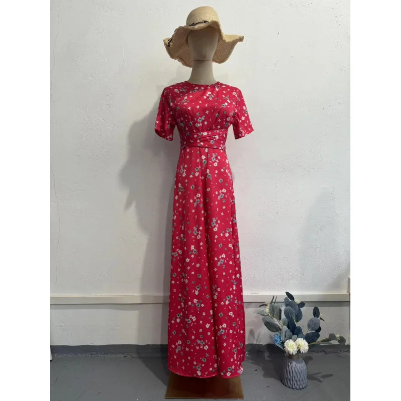 Summer New Elegant Women's Printed Dress Round Neck Five-Sleeve One-Step Dress