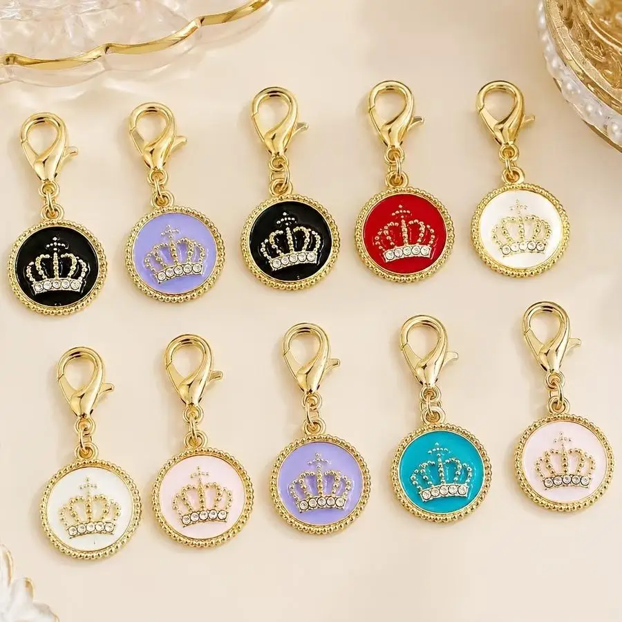 1/5/10/20/50/100pcs Set of 10 Enamel Keychains with Lobster Clasps in Crown Shape, Round Crown Pendants with Rhinestones, DIY Je