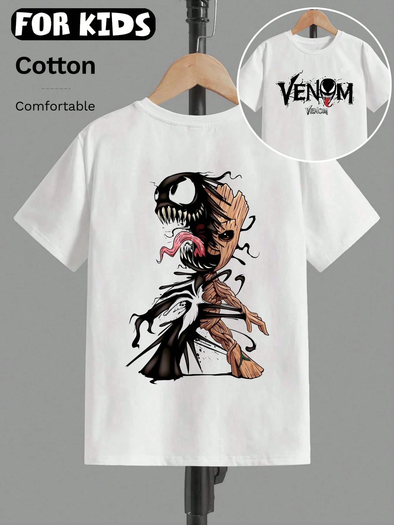 

Marvel Venom， Movies and TV Shows, Cartoon Character Pattern Printing, Spring and Summer Unisex Cotton T-shirt, White T-shirt