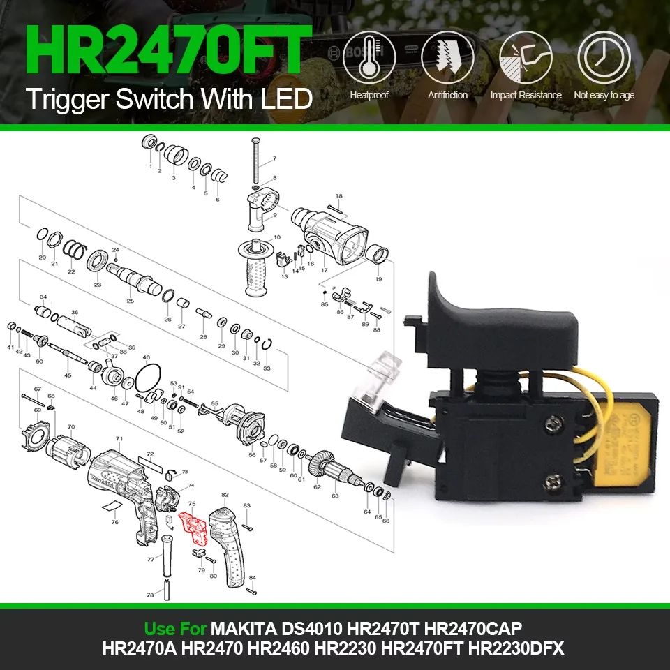 

1PC Replace 220V Trigger Switch With LED For MAKITA HR2470T 2470CAP HR2470A HR2470 HR2460 HR2230 HR2470FT HR2230DFX DS4010 Fast