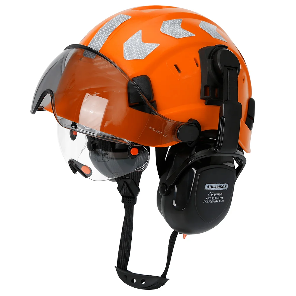 Safety Helmet With Visors Built In Goggles Earmuff Noise Reduction Stickers For Engineer ABS Hard Hat ANSI Industrial Work Cap