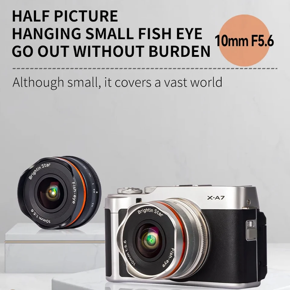 Brightin Star 10mm F5.6 APS-C Ultra Wide Angle Cookie Lens Manual Focus Fisheye Lens for Sony A7M2 Fuji X-E2 Nikon Z30 Canon M2