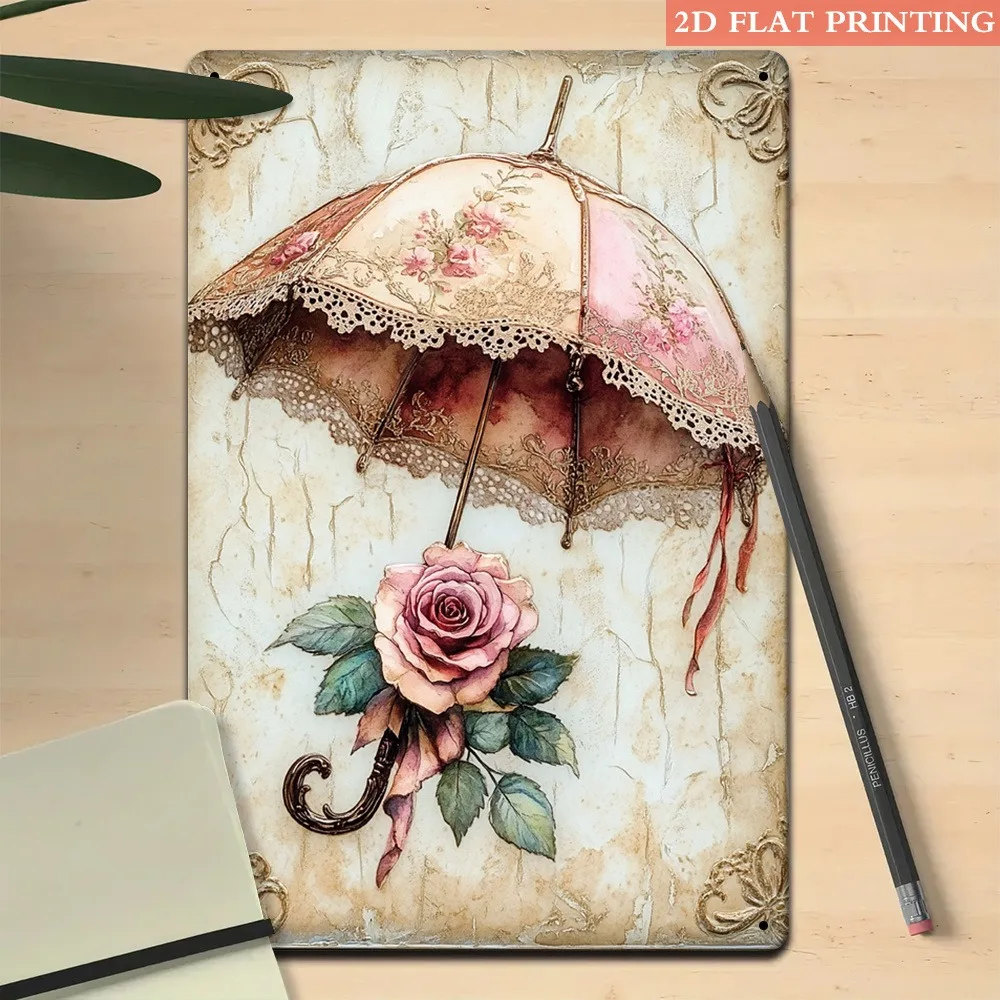 Metallschild mit Vintage-Blumen- und Regenschirm-Design, 8x12 Zoll, Retro-Wandkunst aus Eisen für Zuhause, Büro oder Landhausdekoration