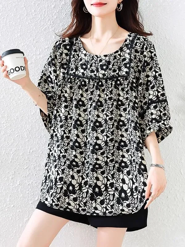 Summer All Match Round Neck Loose Fitting Flesh Blocking Slimming Five Quarter Sleeve Fashion Top for Korean Women