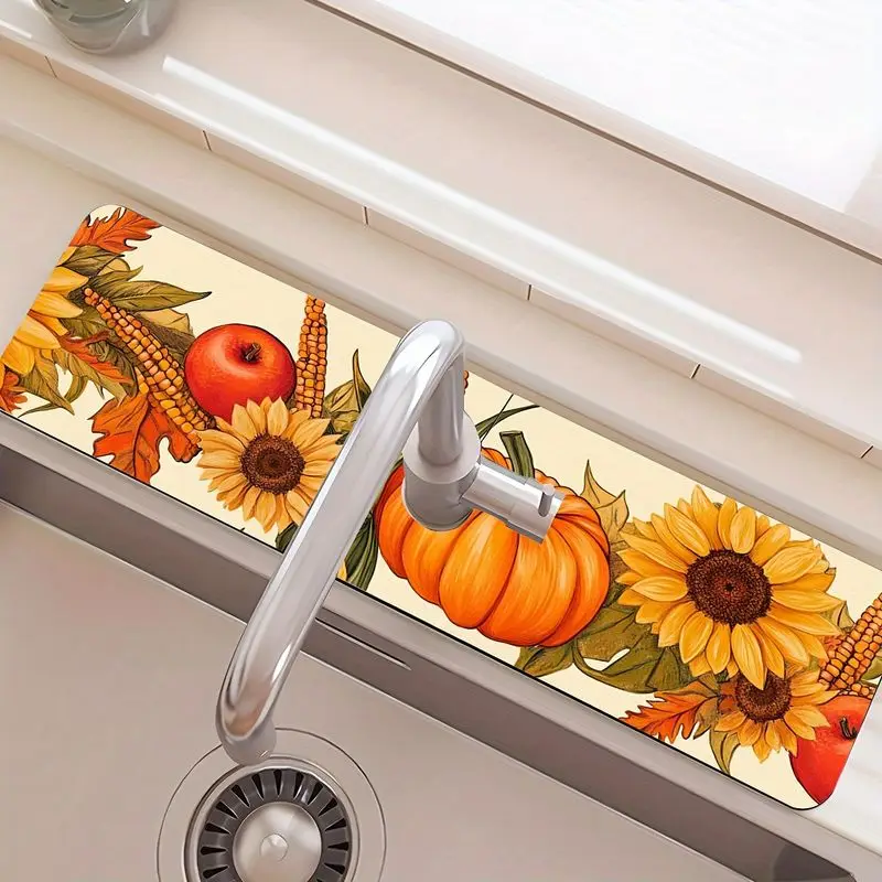 VIKAMA Fall Pumpkin Faucet Mat Sunflower Print Kitchen Sink Splash Guard Non Slip Absorbent For Countertop Laundry Room Decor