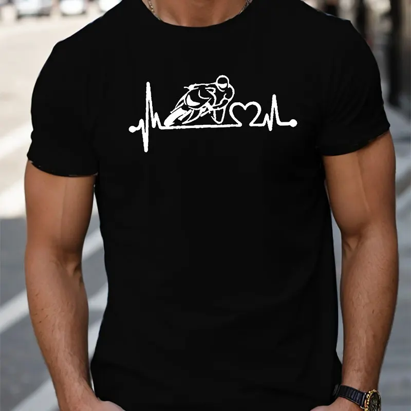 Motorcycle Rider Graphic Print Men\'s Creative Top, Casual Short Sleeve Crew Neck T-shirt, Men\'s Clothing For Summer Outdoor