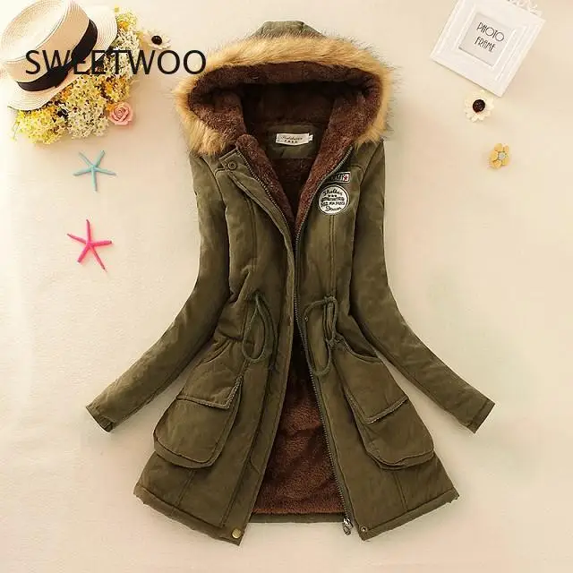 Women's Warm Padded Parka Autumn Winter Hooded Embroidery Slim Tight Waist Velvet Thickened Mid-Length Casual Overcoat