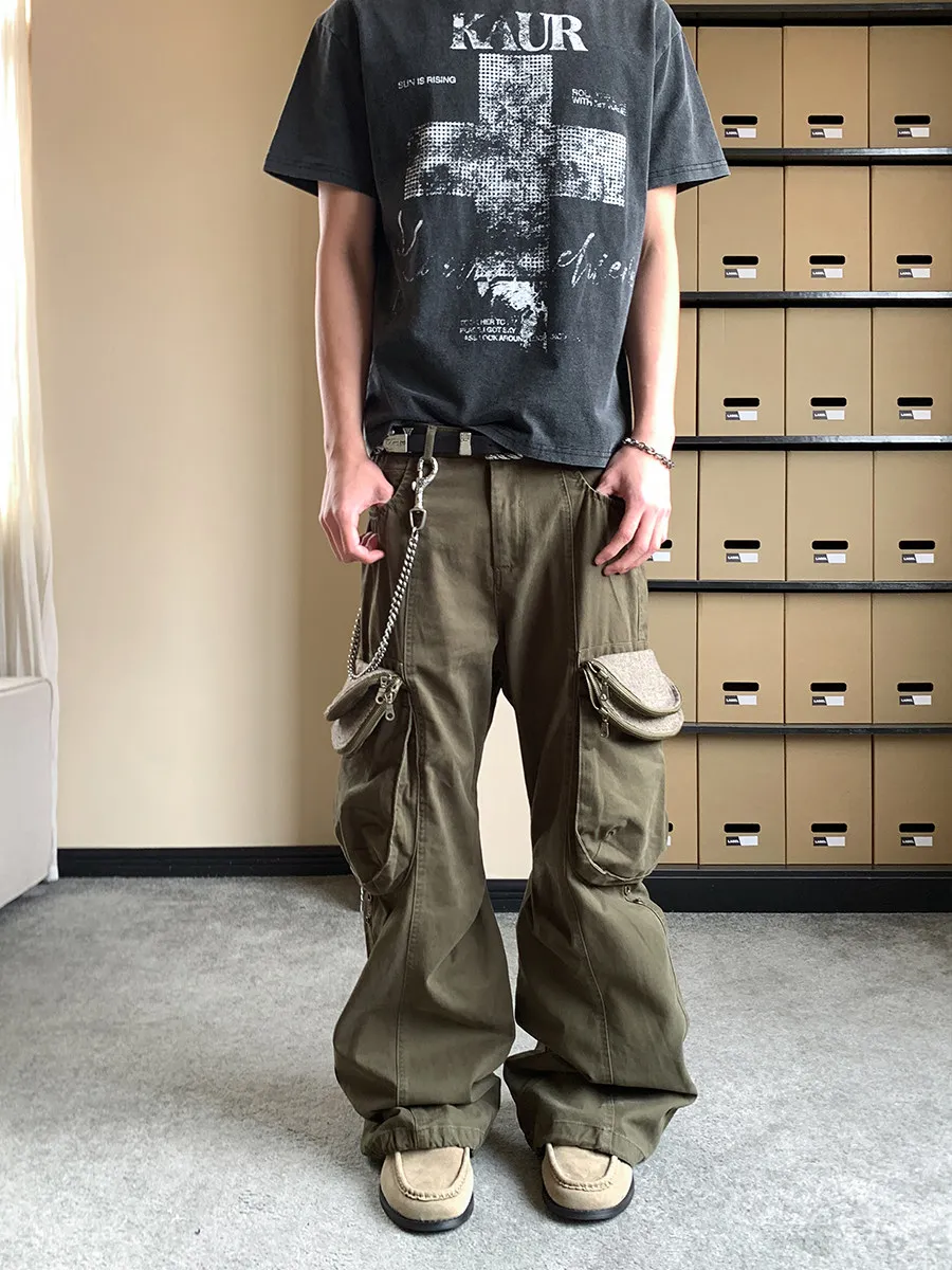 American Street Retro Double Cover Pig Cage Multi Pocket 3D Tailoring Casual Straight Leg Micro Flared Workwear Pants Men Lon...