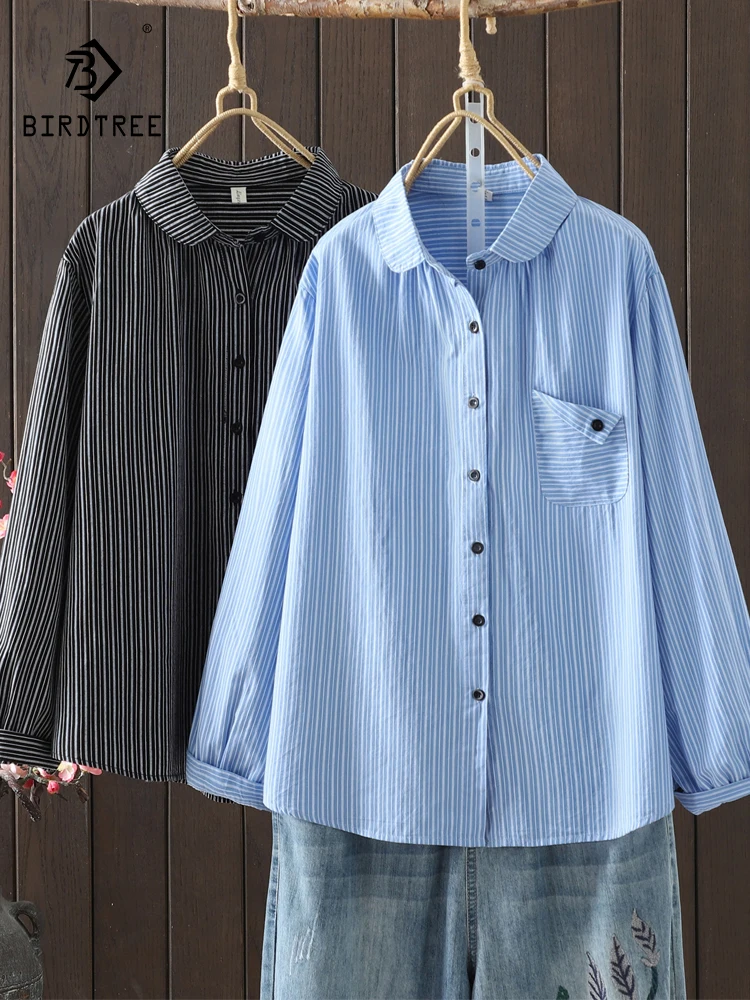 

New 2025 Autumn Cotton Long Sleeve Shirt, Women Turn-down Collar Striped, Mori Girl Fashion OL Mid-Length Loose Blouse T58682CC