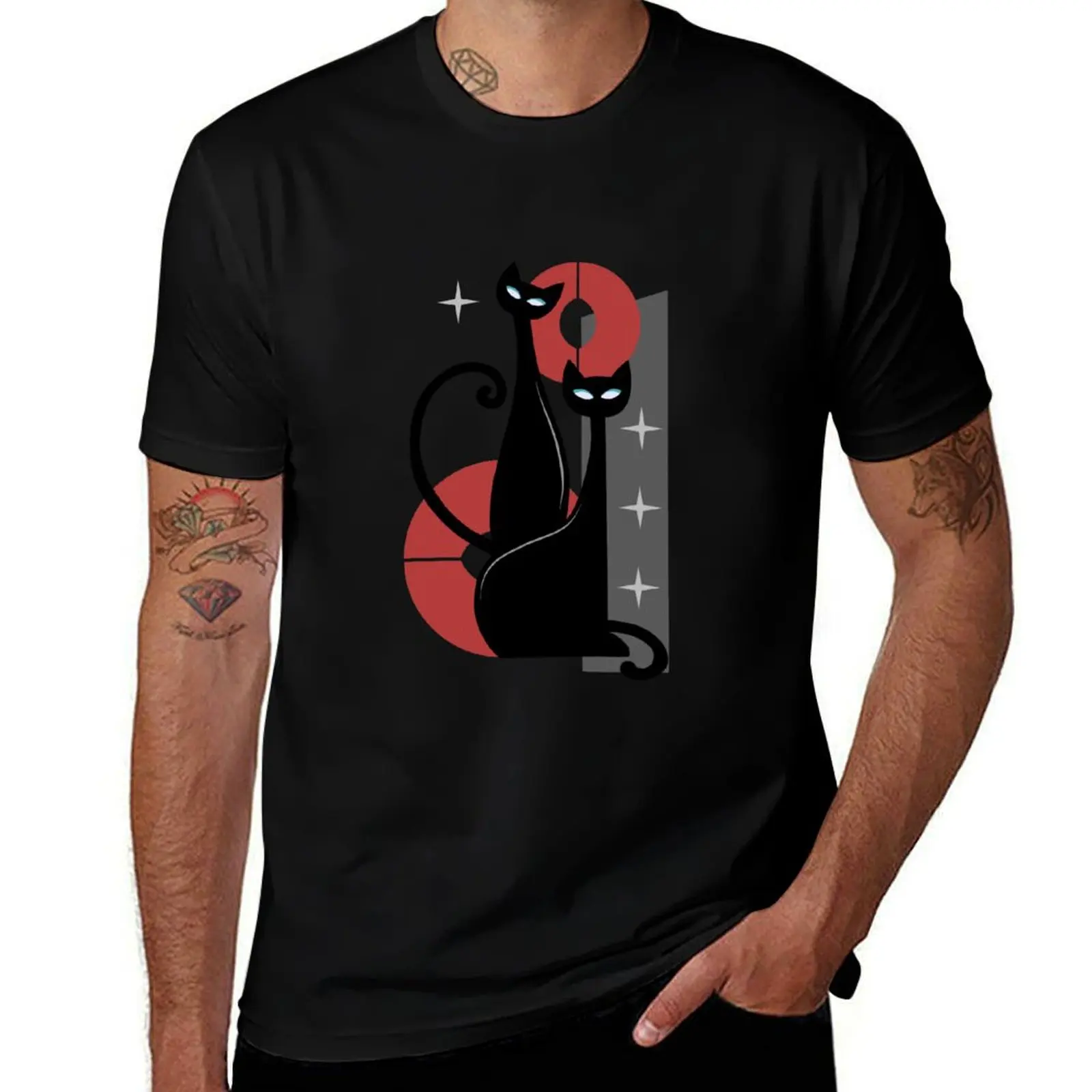 Modern Meows Atomic Age Black Kitschy Cats T-Shirt Soft Durable Cotton T-Shirt