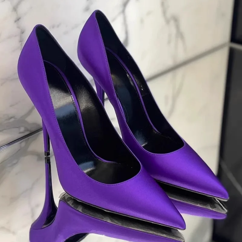 

2025 Fashion New Sexy Purple Pumps Ultra-High Heel Pointed Shallow Stiletto Slip On High Heels senior Satin Shoes party Women
