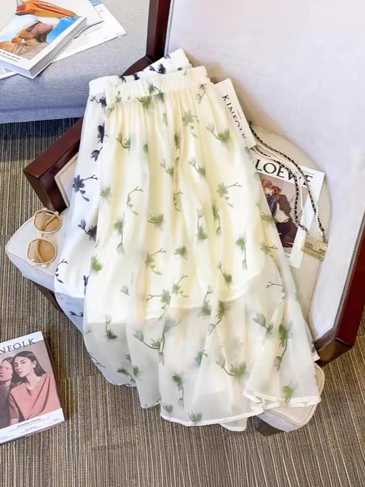 Women Sweet Floral Long Skirt Fashion Elegant Loose High Waist A Line Skirts Summer Chic Casual All Match Lady Cute Long Skirts