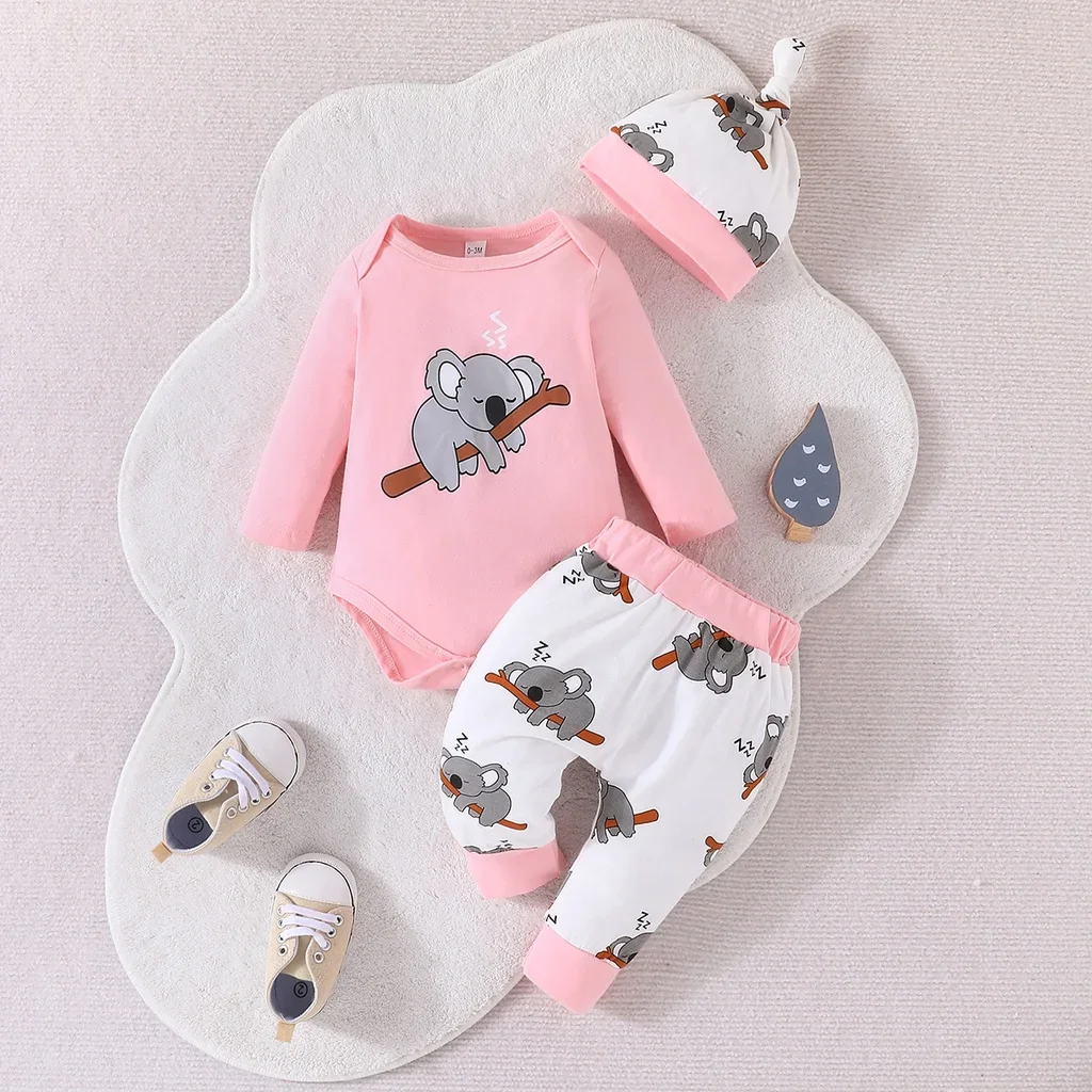 Clothing Set For Kid Unisex 0-18 Months Long Sleeve Cartoon Cute Koala Romper and Pant with Hat Outfit For Newborn Baby Boy Girl