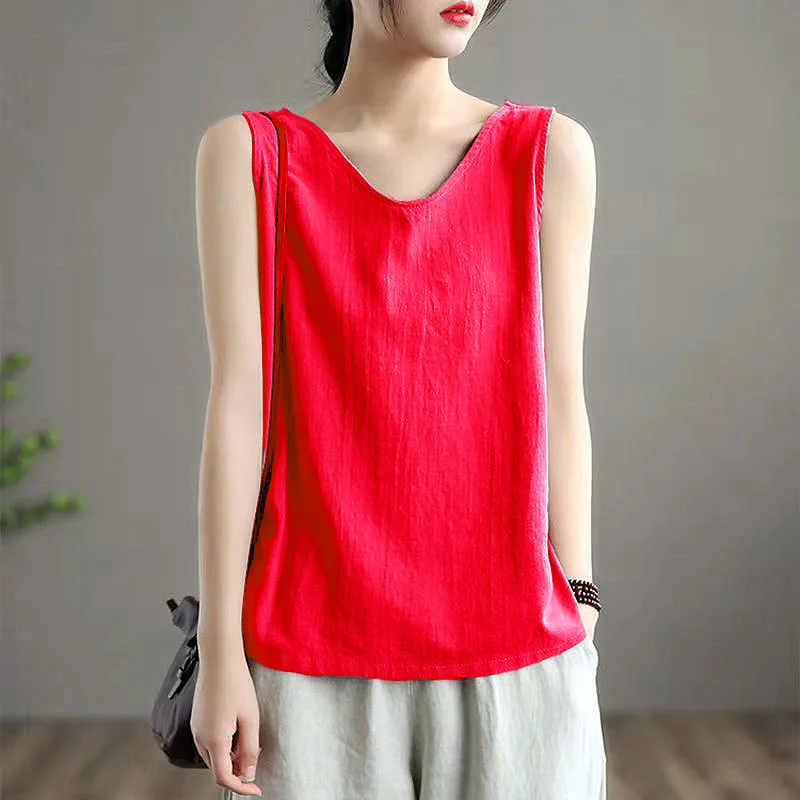 

Cotton Line Tanks Camis Women Summer Top V-neck Large Size Loose Casual Mom Vest Sleeveless Solid Woman T-shirts Streetwear