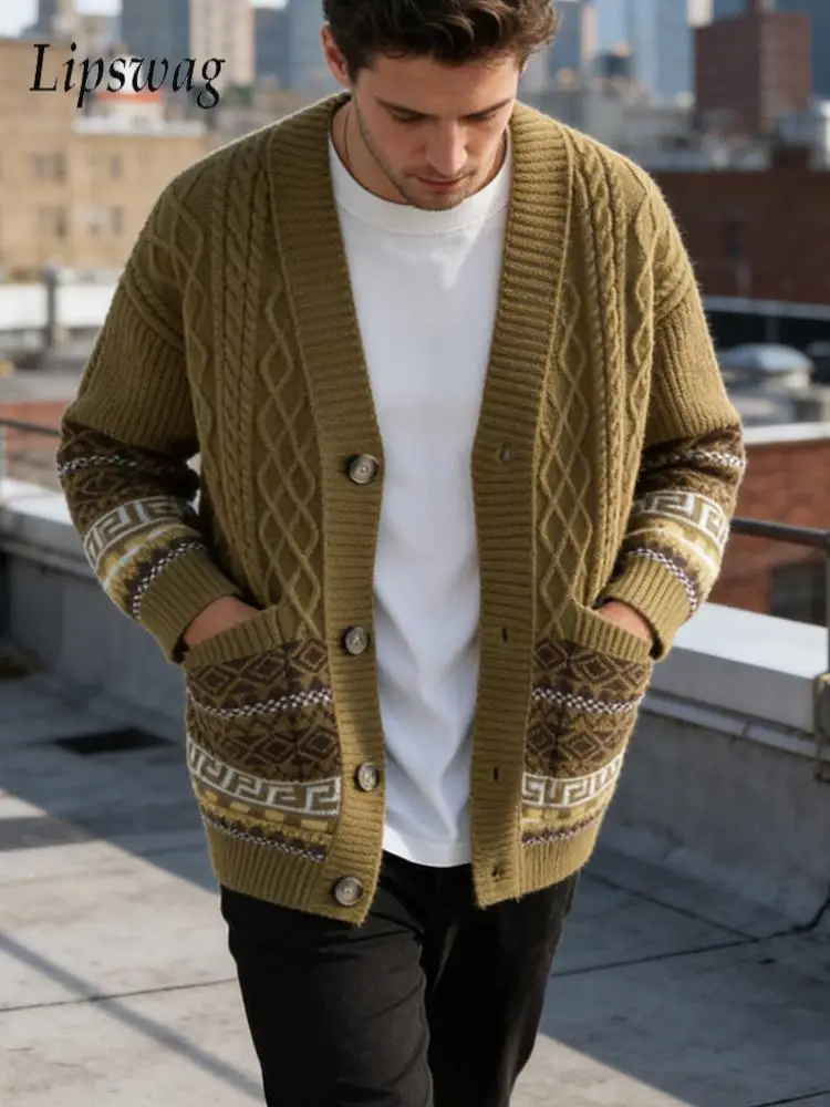 

Мужской вязаный кардиган в стиле ретро с этническим принтом, винтажный свитер на пуговицах с V-образным вырезом, стильный весенний свитер на пуговицах