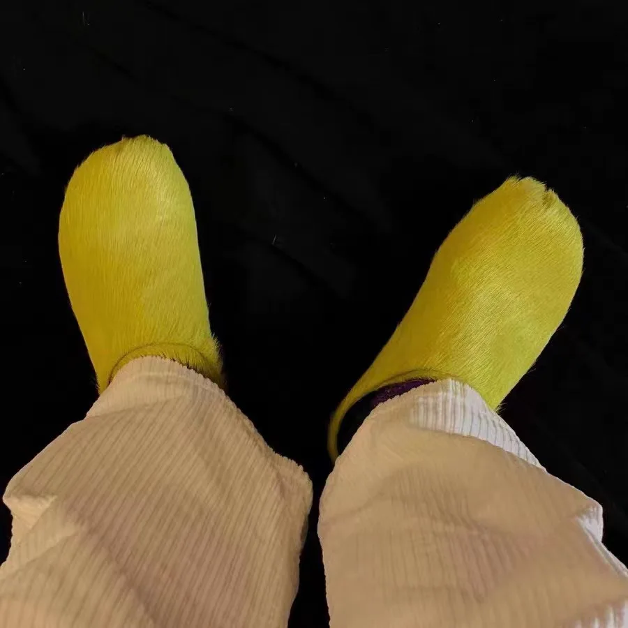 Women Real Leather Fur Slippers Woman Flat Round Toe Hores Hair Solid Color Casual Shoes Mujer Designer Brand Thick Bottom Shoes