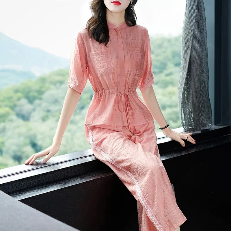 2023 New Summer Women Set Korean Fashion Chiffon shirt And Wide leg Pants Two Piece Suit Temperament Outfit Ladies Sets  3XL