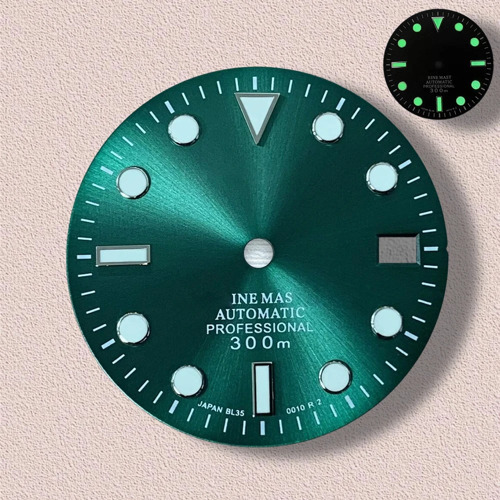 28.5mm S Logo SUB Sunburst Dial Fit NH35/NH36 Japanese Movement Green Luminous High-Quality Watch Modification Accessories