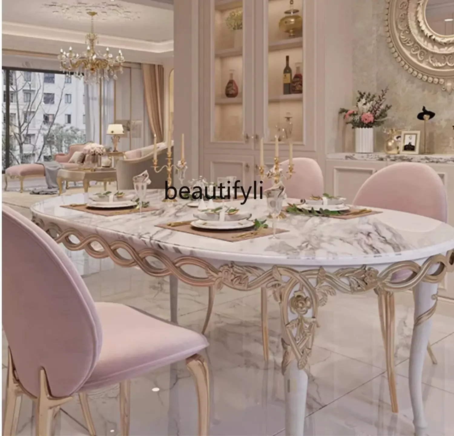 

French Light Luxury Solid Wood Carving Flower Dining Table, European Luxury High-end 1.8 Oval Ribbon Dining Table