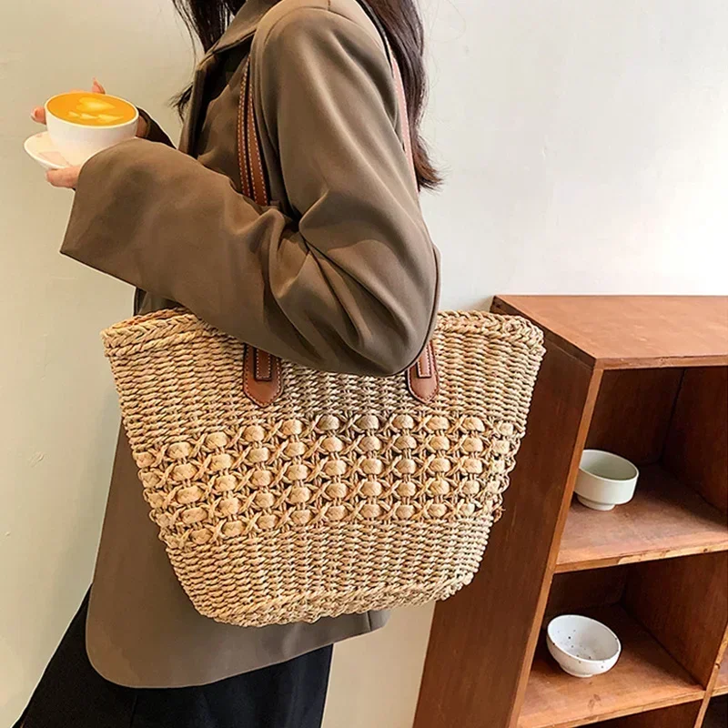 DDB01    2023 Summer Handwoven Straw Beach Tote Bags for Women Vintage Hollow Out Handbag Basket Rattan