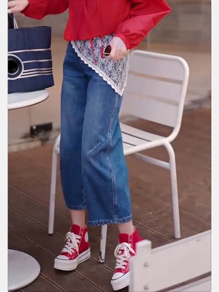 جينز دينم رفيع وفضفاض عالي الخصر، جينز أمريكي مستقيم الساق للنساء، سروال صيفي مقاوم للارتداء بأرجل واسعة