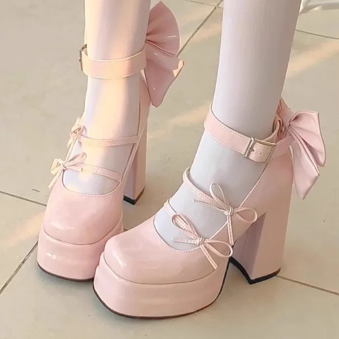 Original  Knot High Heel Waterproof Platform Lolita Shoes Cute Sweet Color Soft Girl Japanese Style Single Shoes