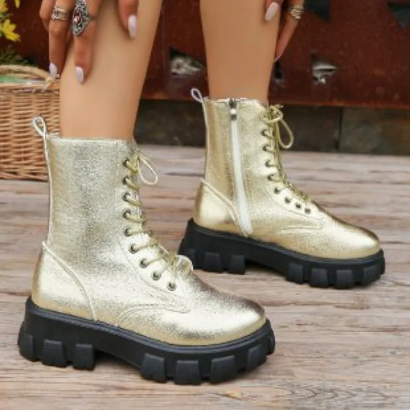 Winter Silver Crystal Thick Sole Ankle Boots Women\'s Gothic Thick Sole Motorcycle Boots Women\'s Luxury Rhinestone Punk Shoes