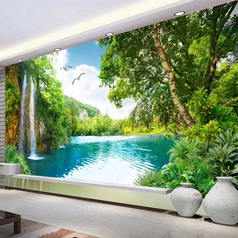 Custom 3D Wallpaper Green Mountain Waterfall Nature Landscape Photo Bedroom Living room sofa TV background wall restaurant Hotel