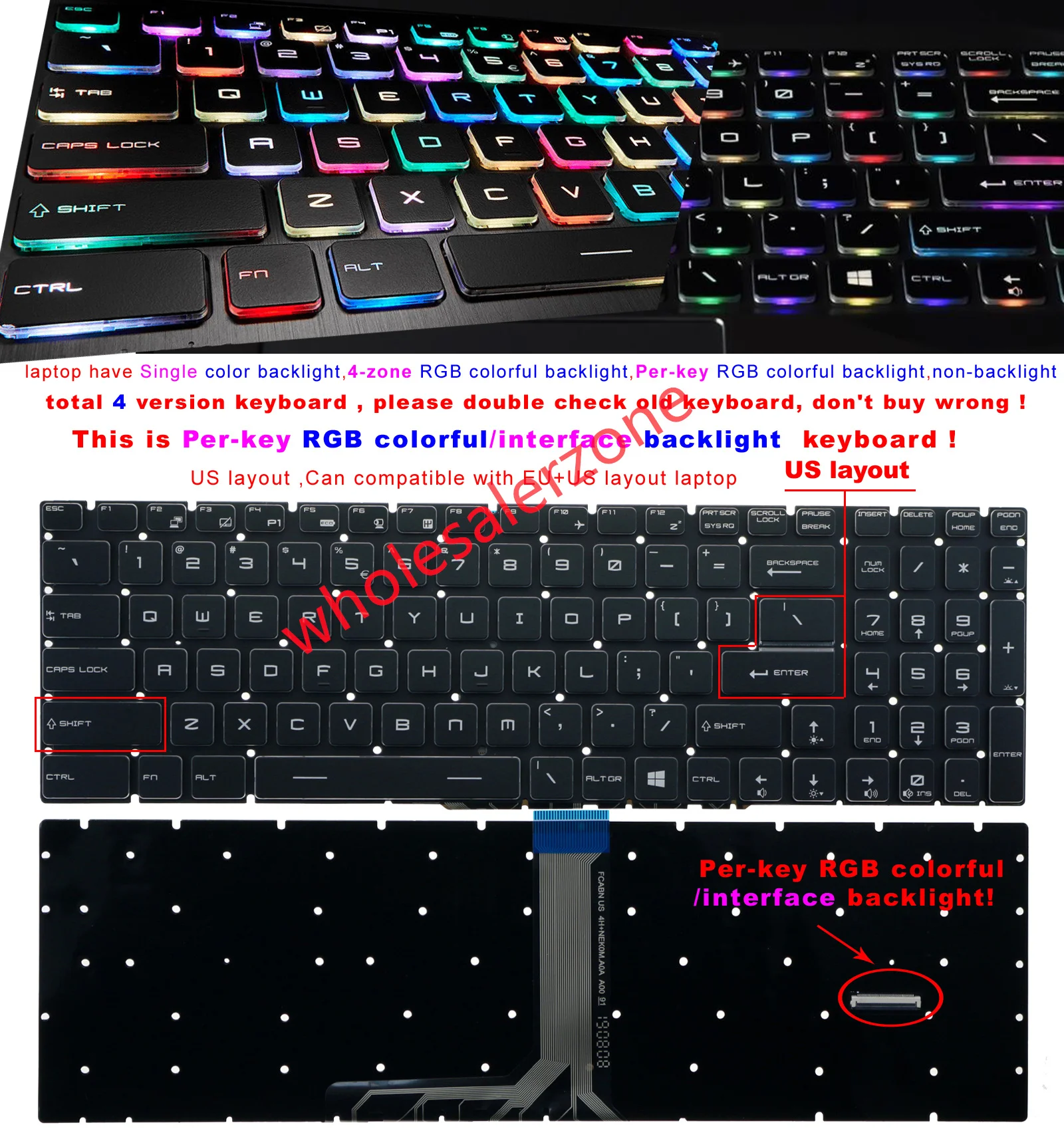 New US keyboard backlit for MSI GE63 GE63VR GE73VR GE65 GE73 GE75 Raider RGB 8RD 8RE 8RF MS-16P3 series laptop