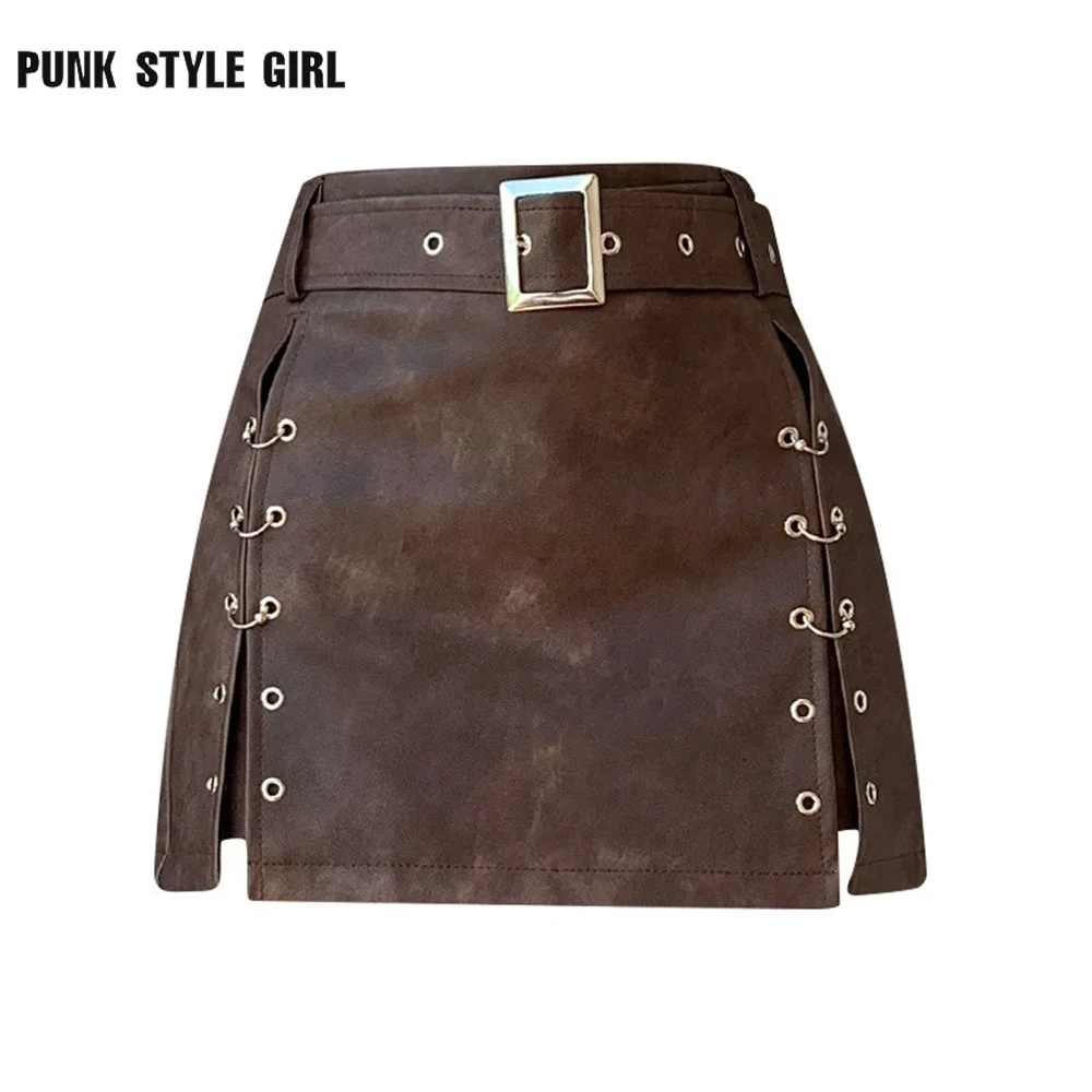 

2025 Women's Coffee A-line PU Leather Skirt Vintage Streetwear 90s Aesthetic Y2k Summer Harajuku Korean Mini Skirt 2000s Clothes